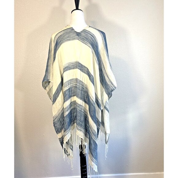 ECOTE Urban Outfitters Stripe Fringe Sheer Poncho One Size Kimono Beachy Boho - Picture 3 of 6